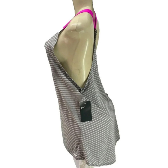Nike S Gray Striped Logo Neon Pink Straps Curved Hem Scoop Neck Racerback Tank - Picture 5 of 6